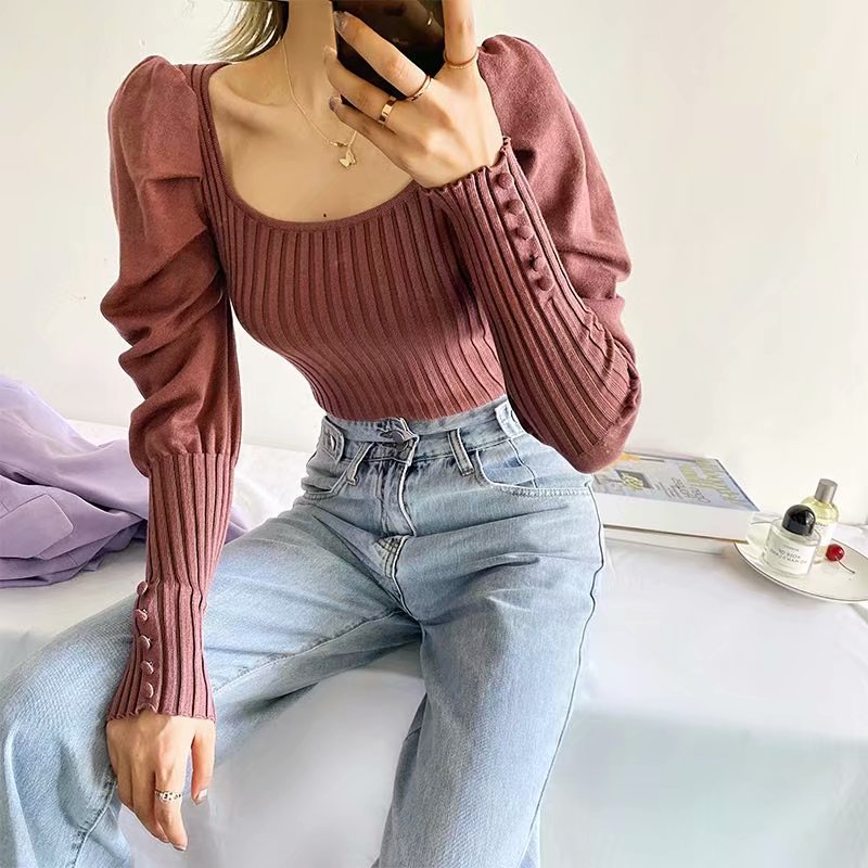 Ribbed Bodysuit With Pleated Puff Sleeves