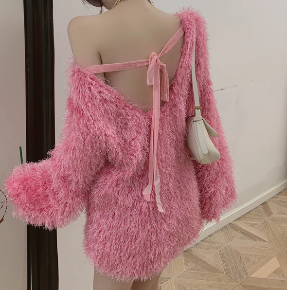 Warm Fluffy Sweater With Bow-Back