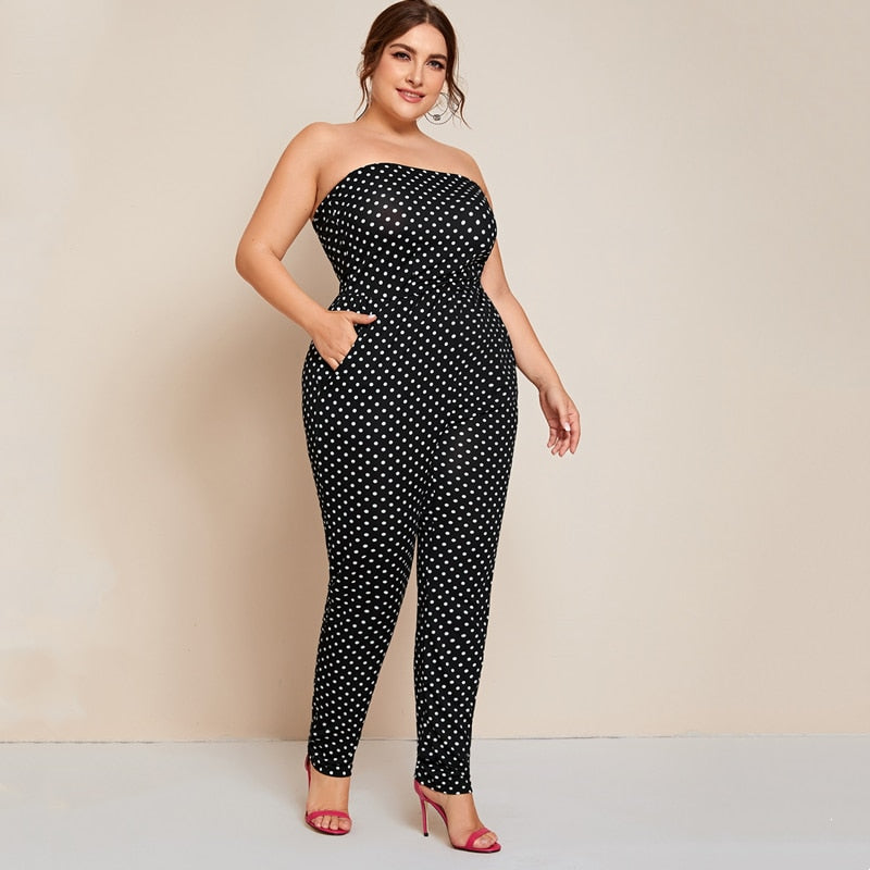 Plus Size Dot Printed Strapless Tube Jumpsuit