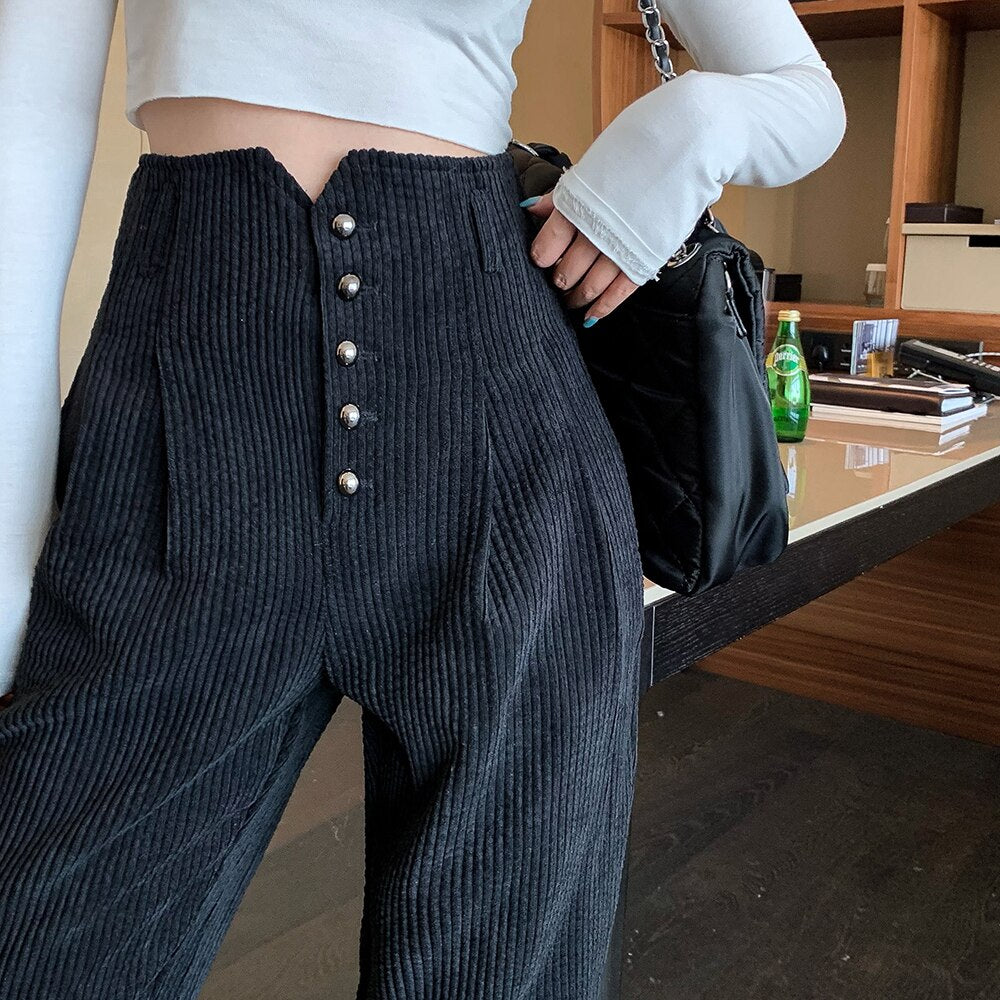 High-Waist Corduroy Harem Pants With Buttons