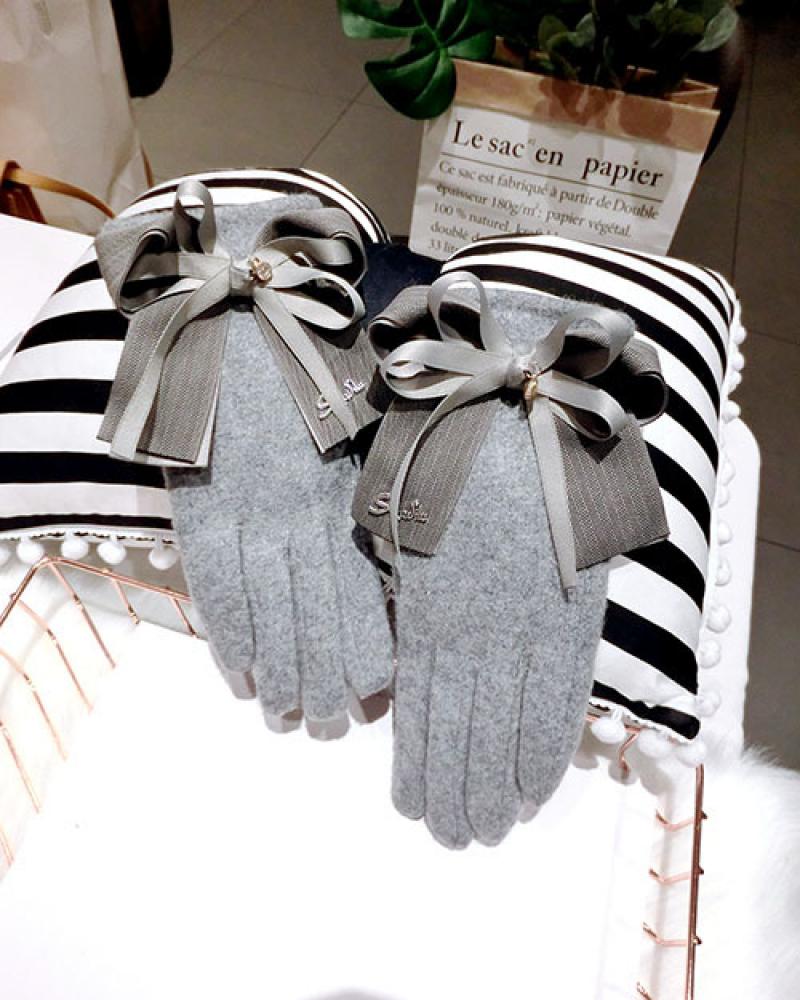 Cashmere Gloves With Bow & Plush Lining