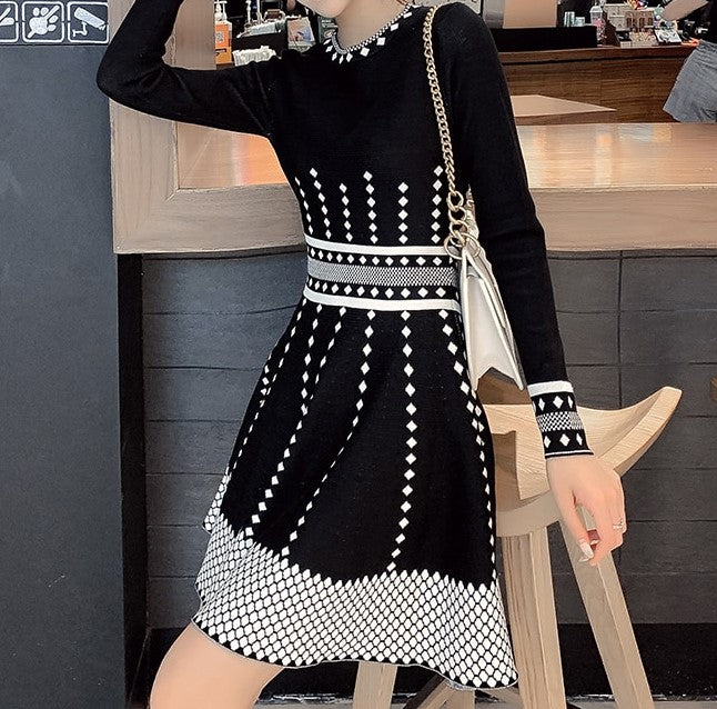 Black & White Flared Knitted Dress