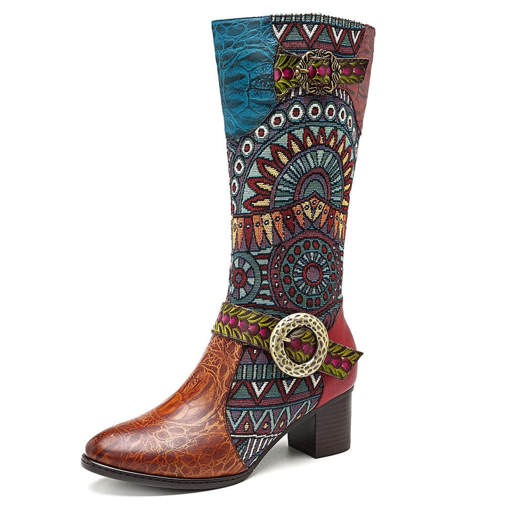 Patterned Handmade Leather Boots With Buckle