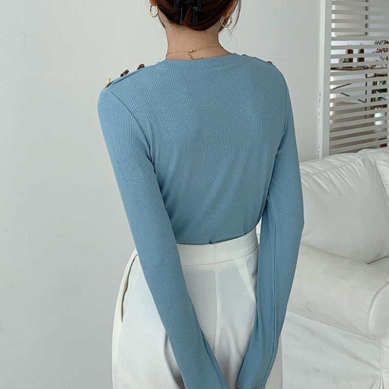 Long-Sleeve Top With Gold Shoulder Buttons