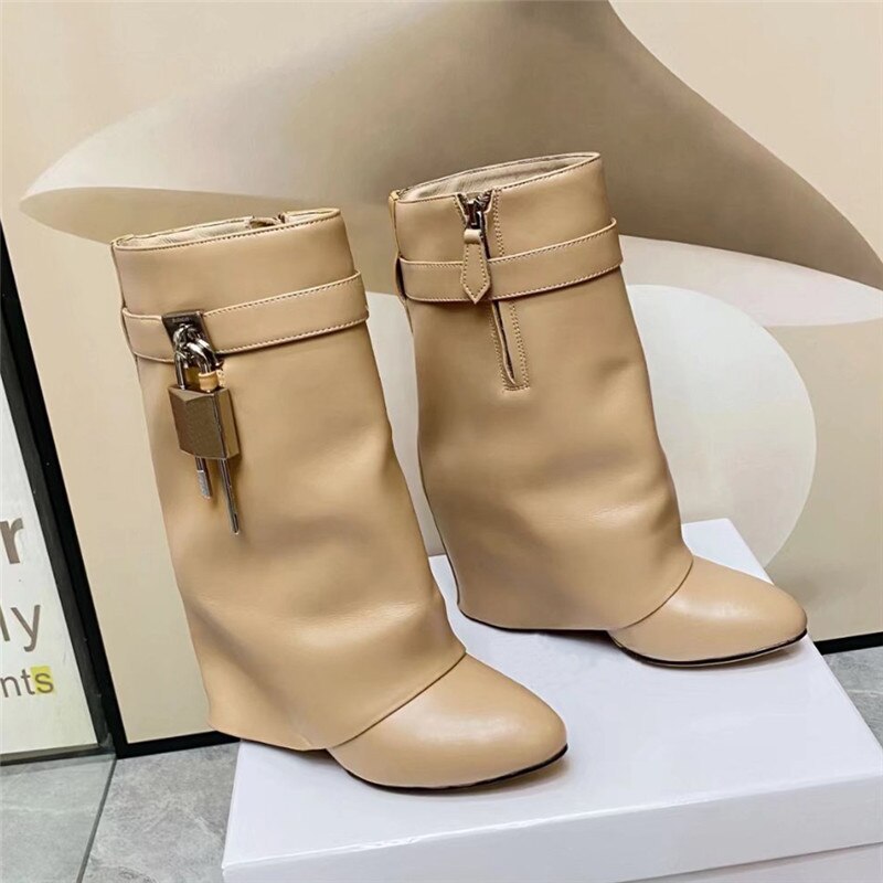 Genuine Leather Turn-Over Wedge Boots With Lock