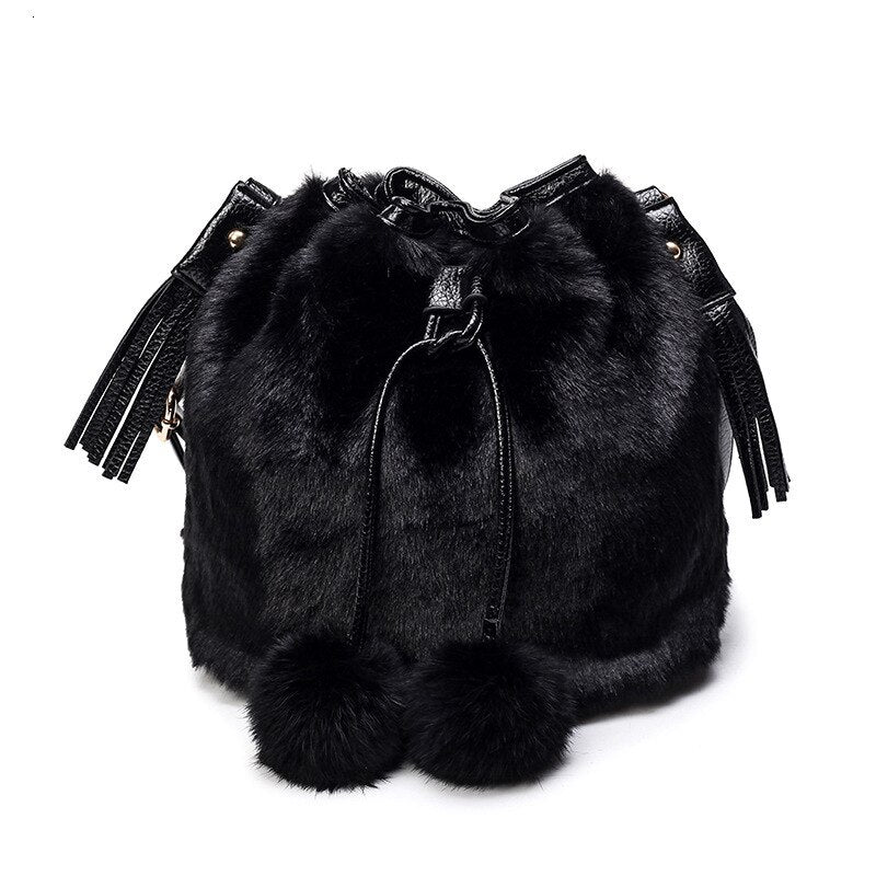 Faux-Fur Bucket Bag With Pom-Poms & Tassels