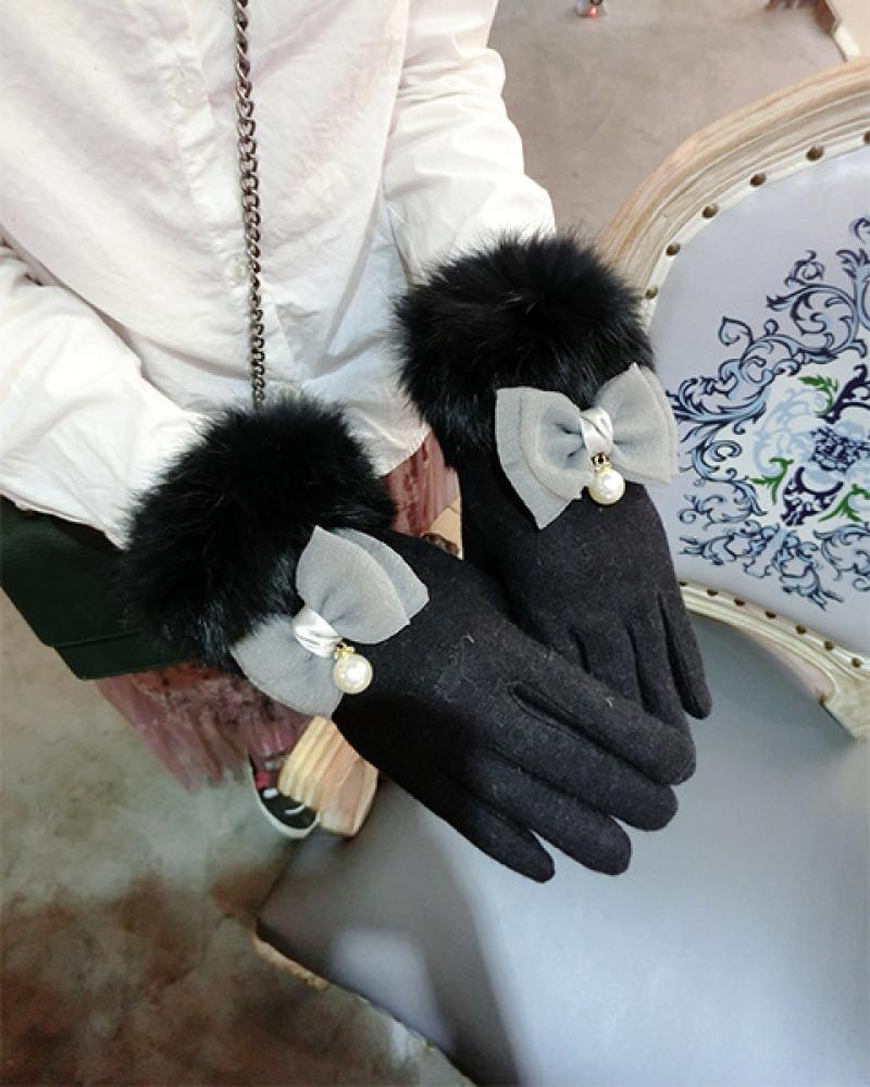 Cashmere Gloves With Double Bow & Pearl Pendant