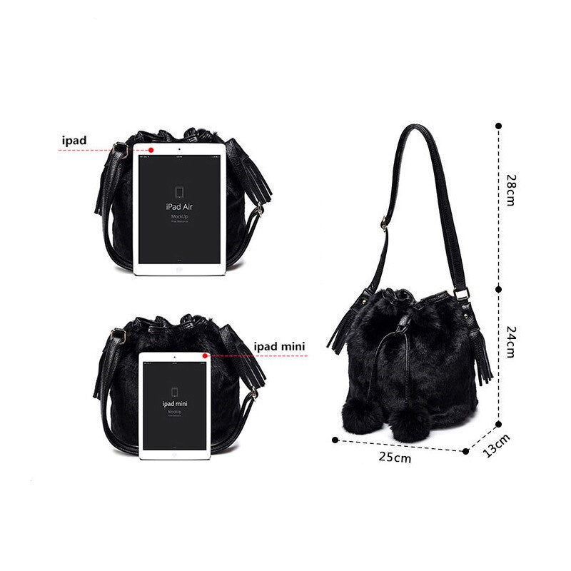Faux-Fur Bucket Bag With Pom-Poms & Tassels