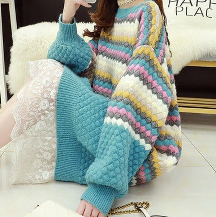 Long Bubble-Knit & Stripe Sweater