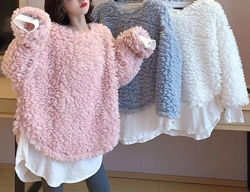Loose Fluffy Faux-Lambs Wool Sweatshirt