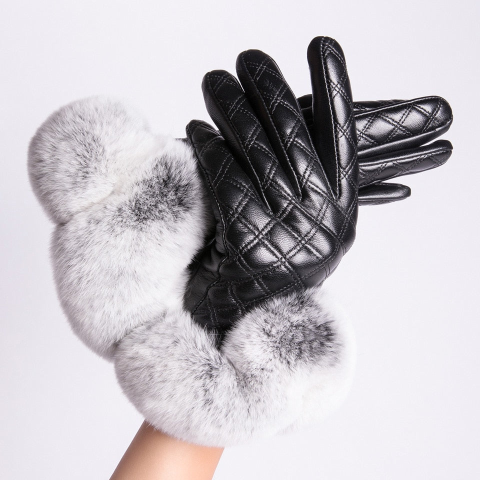 Fluffy Leather Touchscreen Gloves