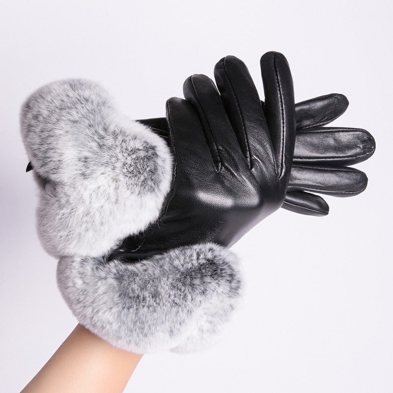 Fluffy Leather Touchscreen Gloves