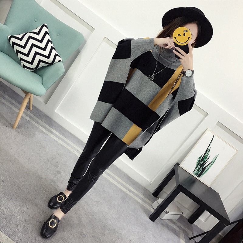 High-Neck Stripe Shawl Sweater