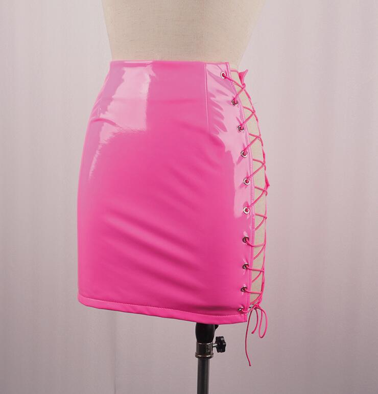Patent PU Leather Skirt With Lace-Up Side