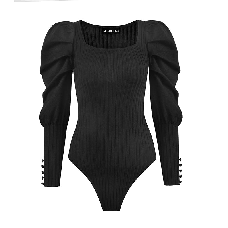 Ribbed Bodysuit With Pleated Puff Sleeves