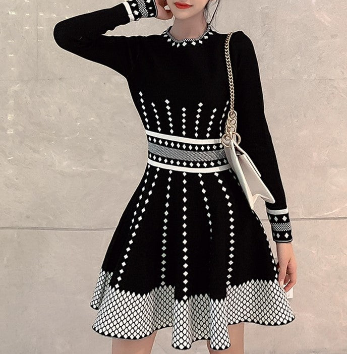 Black & White Flared Knitted Dress