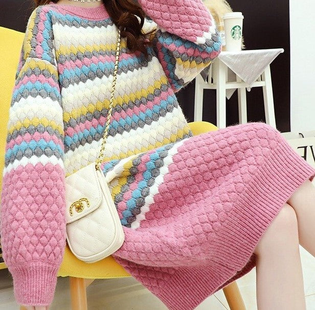 Long Bubble-Knit & Stripe Sweater