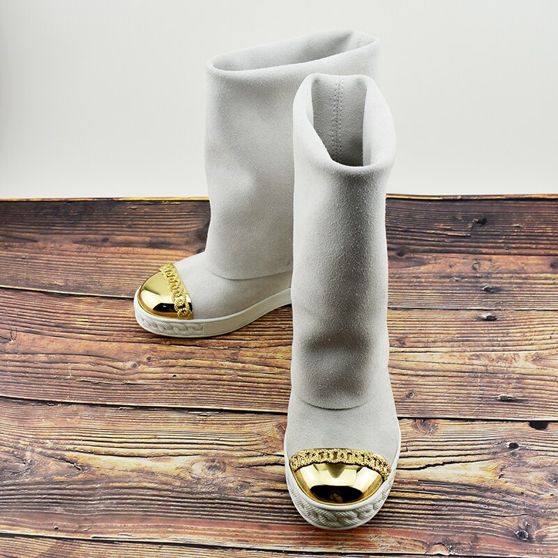 Genuine Leather Folded Boots With Gold Chain