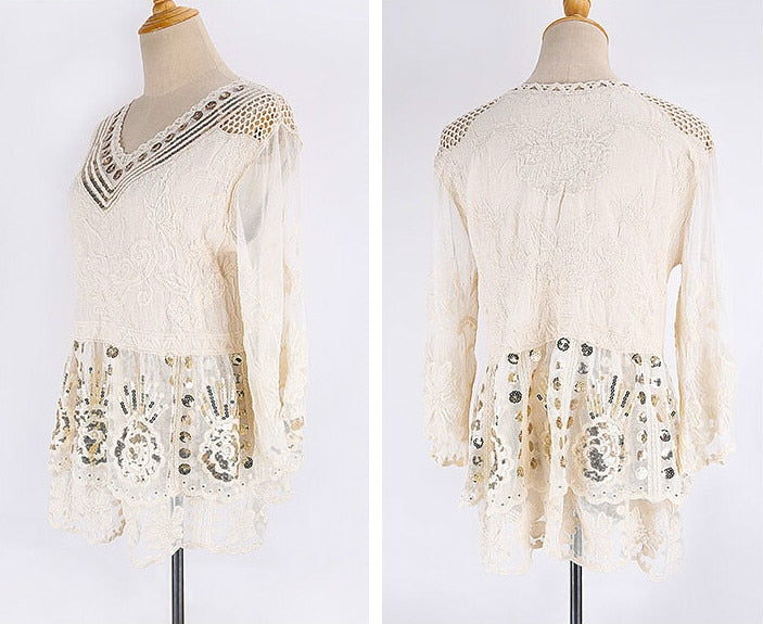 Lace Embroidery Blouse With Sequins