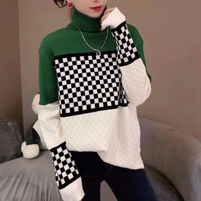 High-Neck Check Sweater With 3 Textures