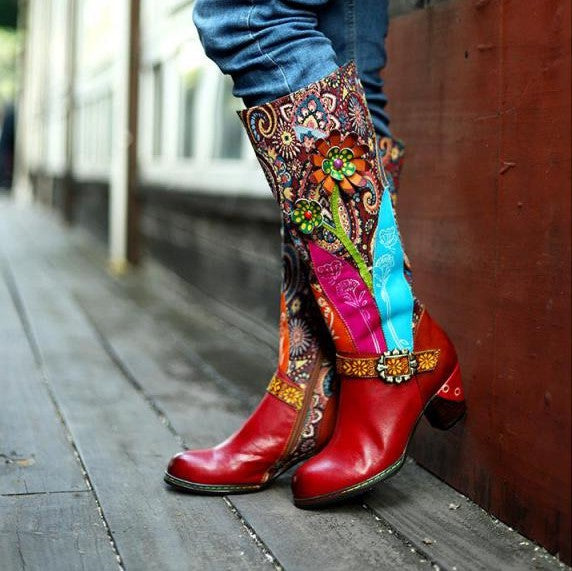 Leather Mixed Colour Boots With 3D Flowers