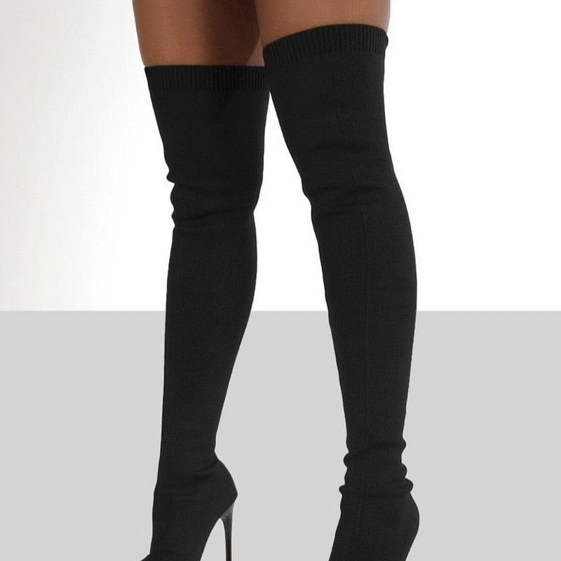 Thigh-High Stretch Sock Boots With High-Heel