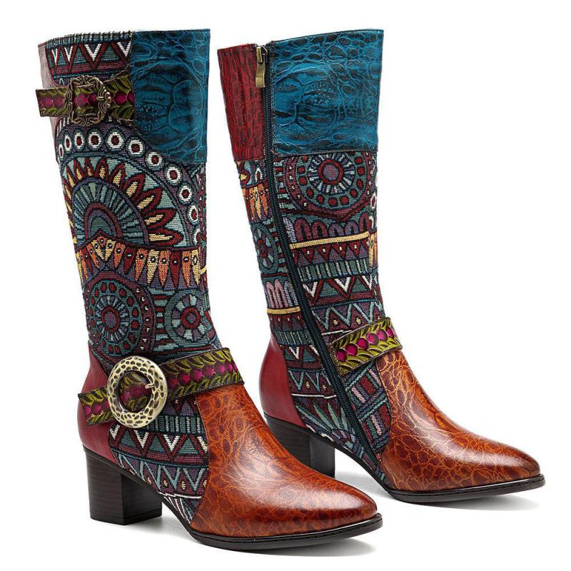 Patterned Handmade Leather Boots With Buckle
