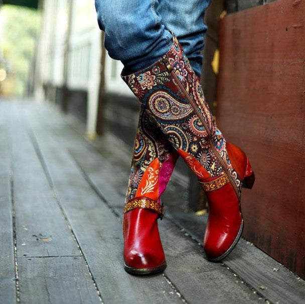 Leather Mixed Colour Boots With 3D Flowers