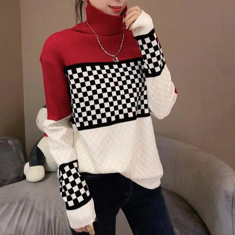 High-Neck Check Sweater With 3 Textures