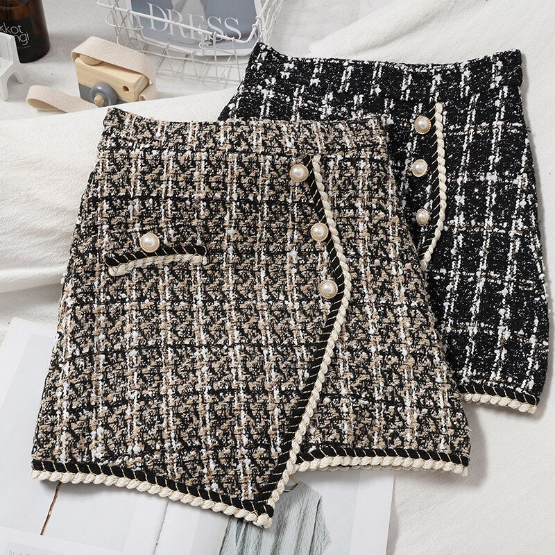 Irregular Tweed Skirt With Pearl Buttons