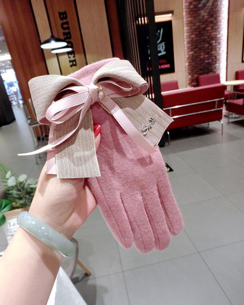 Cashmere Gloves With Bow & Plush Lining