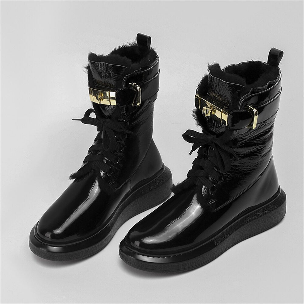 Patent Leather Snow Boots With Faux-Fur & Buckle