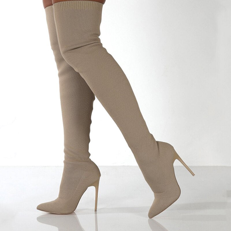 Thigh-High Stretch Sock Boots With High-Heel