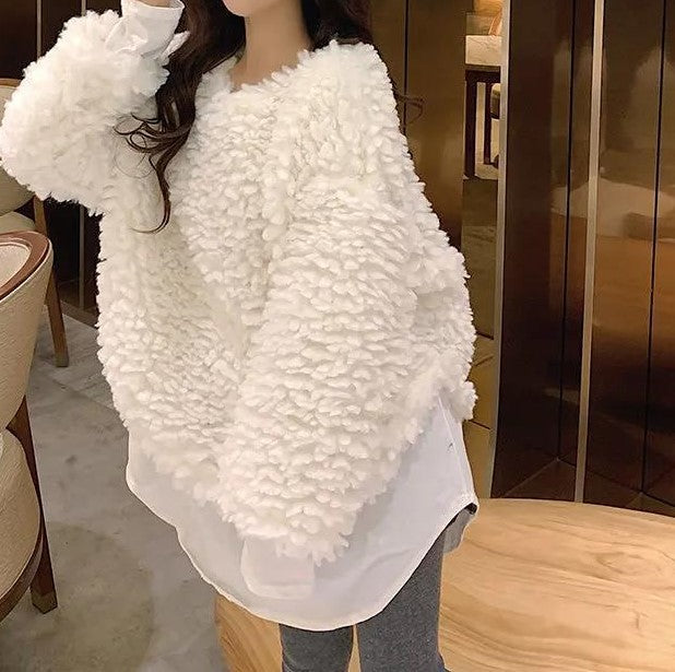 Loose Fluffy Faux-Lambs Wool Sweatshirt