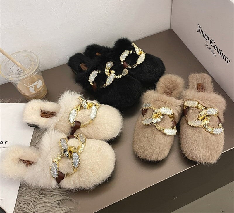 4.5-9 Fluffy Slippers With Rhinestone Chain