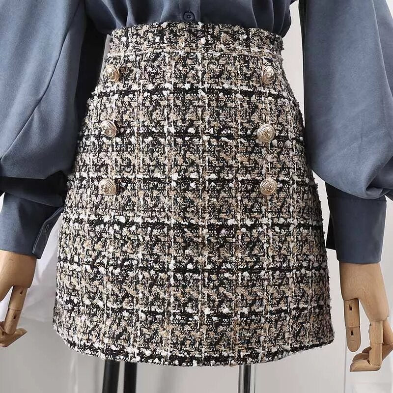 Chic Plaid Tweed Skirt With Six Buttons