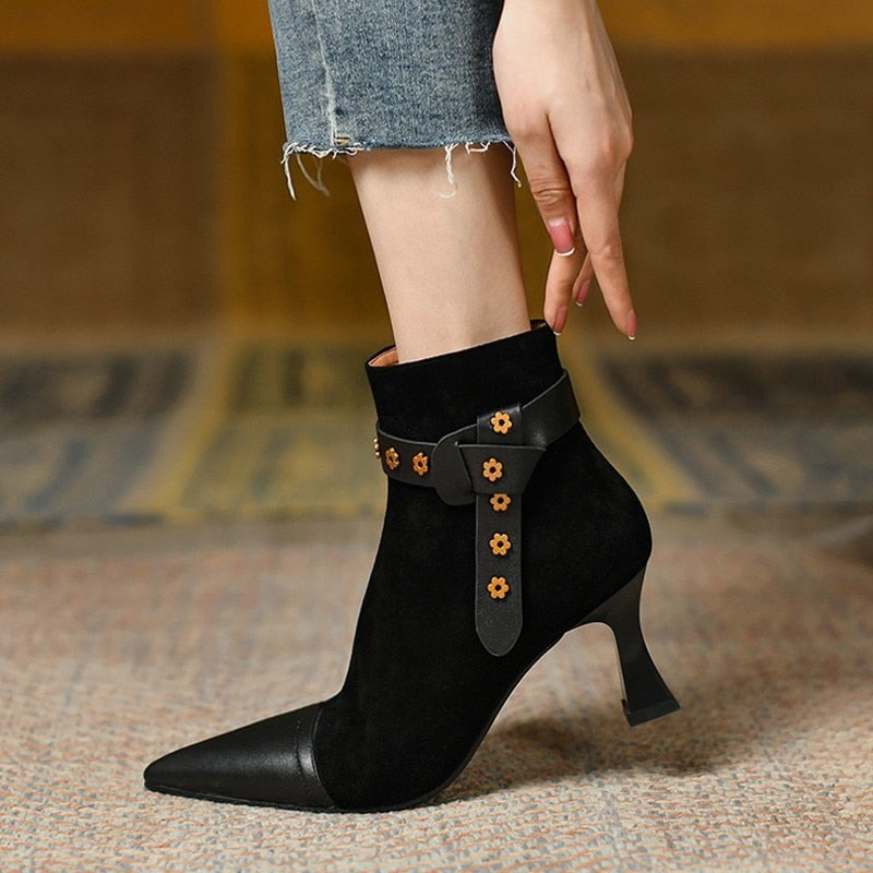 Flock Ankle Boots With Metal Daisy Decor
