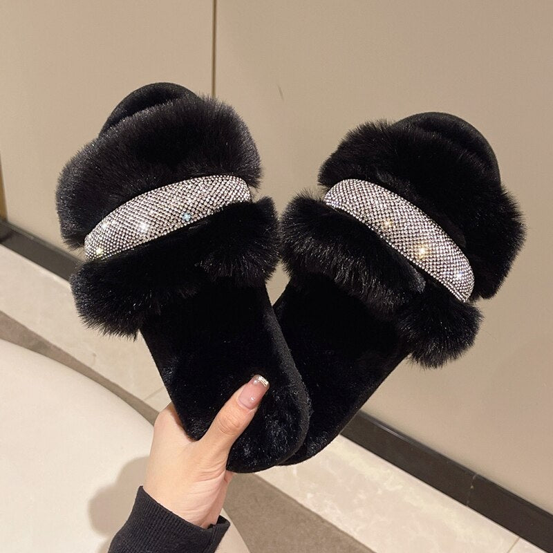 Size 6-10 Fluffy Rhinestone Slippers