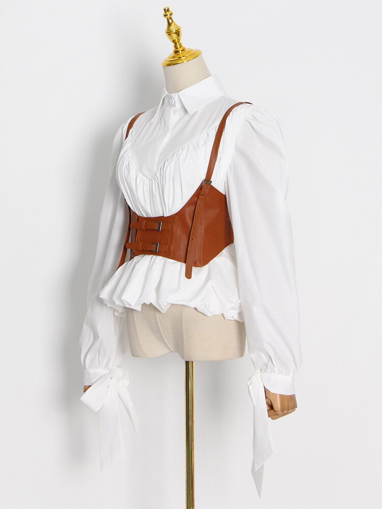 Pleated Blouse With PU Vest