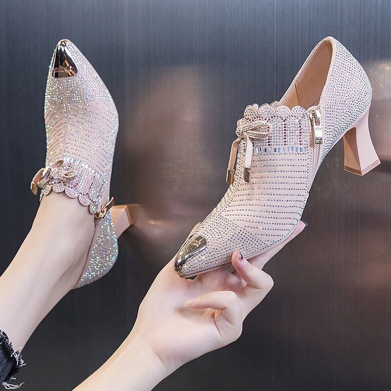Rhinestone Shoes With Square Heel & Pointed Toe