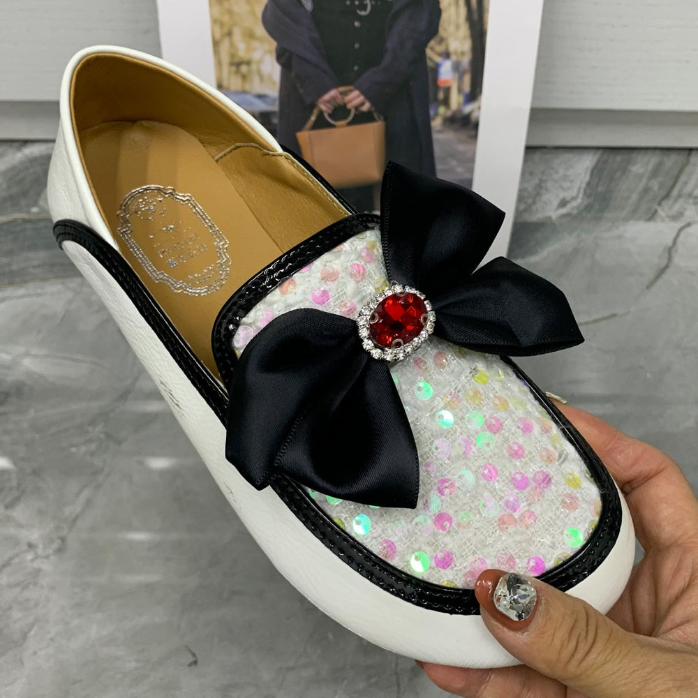 Luxury Loafers With Rhinestone & Bow