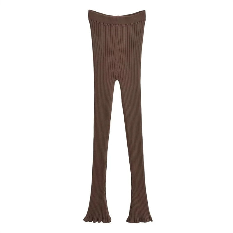 Elasticated Ribbed Knit Flare Pants