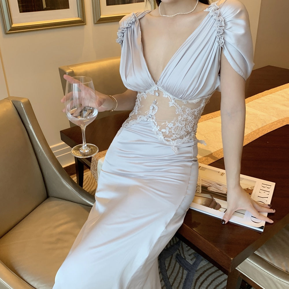 Elegant Satin Dress With Lace Waist