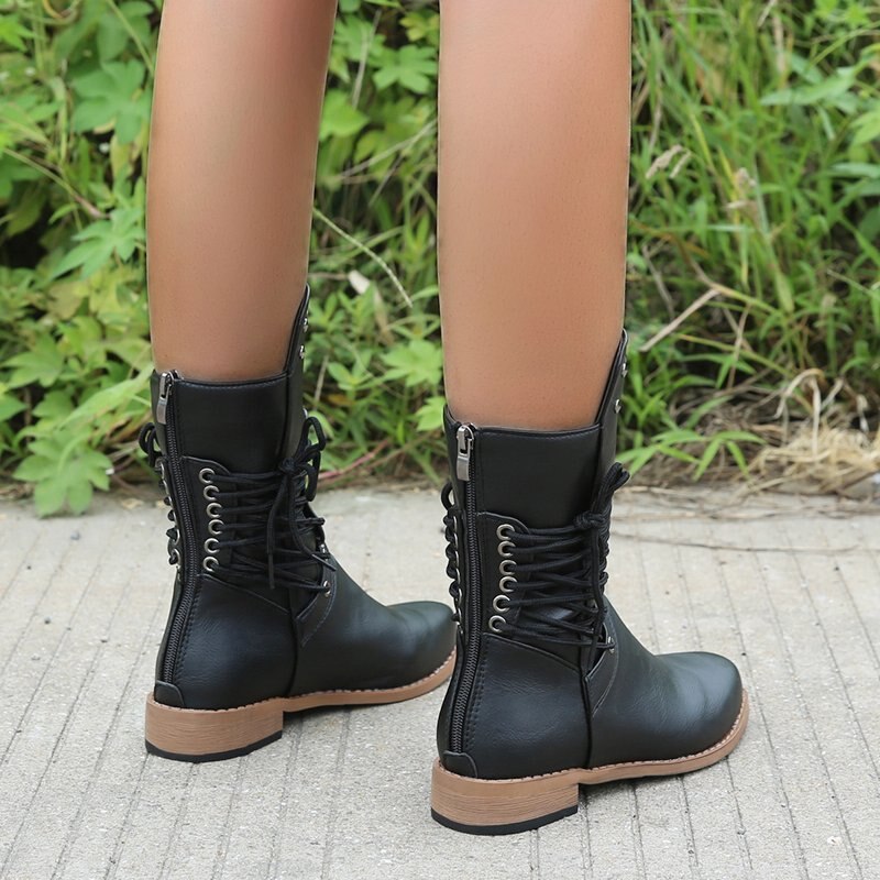 Rivet Mid-Calf Boots With Two Lace-Up Sides