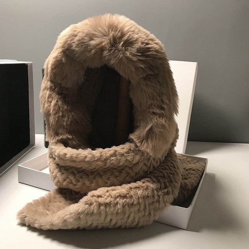 Warm Faux-Fur Hat With Attached Scarf