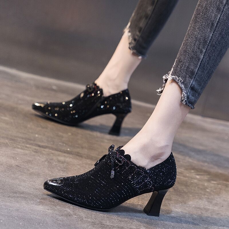 Rhinestone Shoes With Square Heel & Pointed Toe