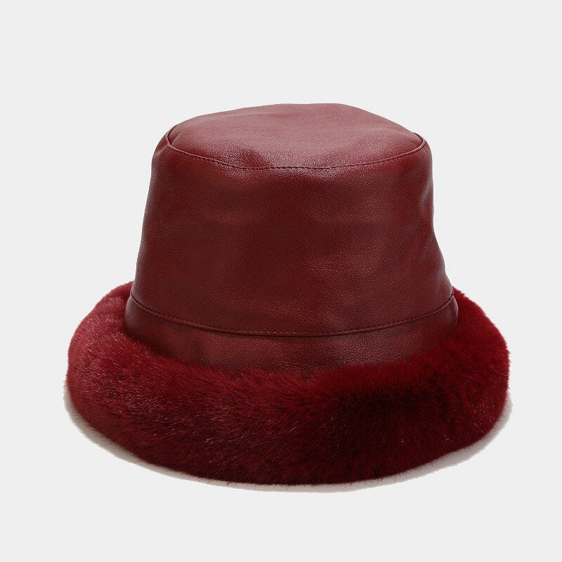 Warm PU Leather Bucket Hat With Faux-Fur Rim
