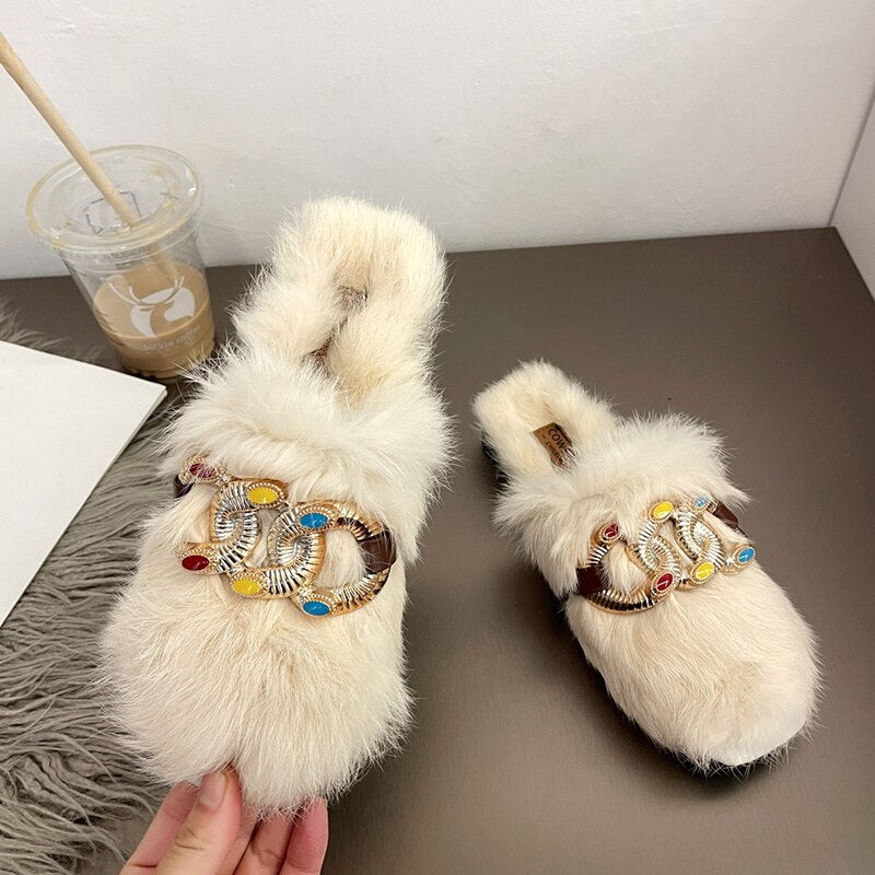4.5-9 Fluffy Slippers With Colourful Rhinestone Chain.
