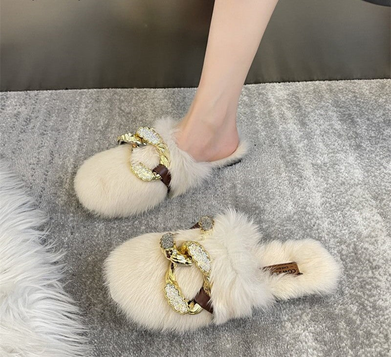 4.5-9 Fluffy Slippers With Rhinestone Chain