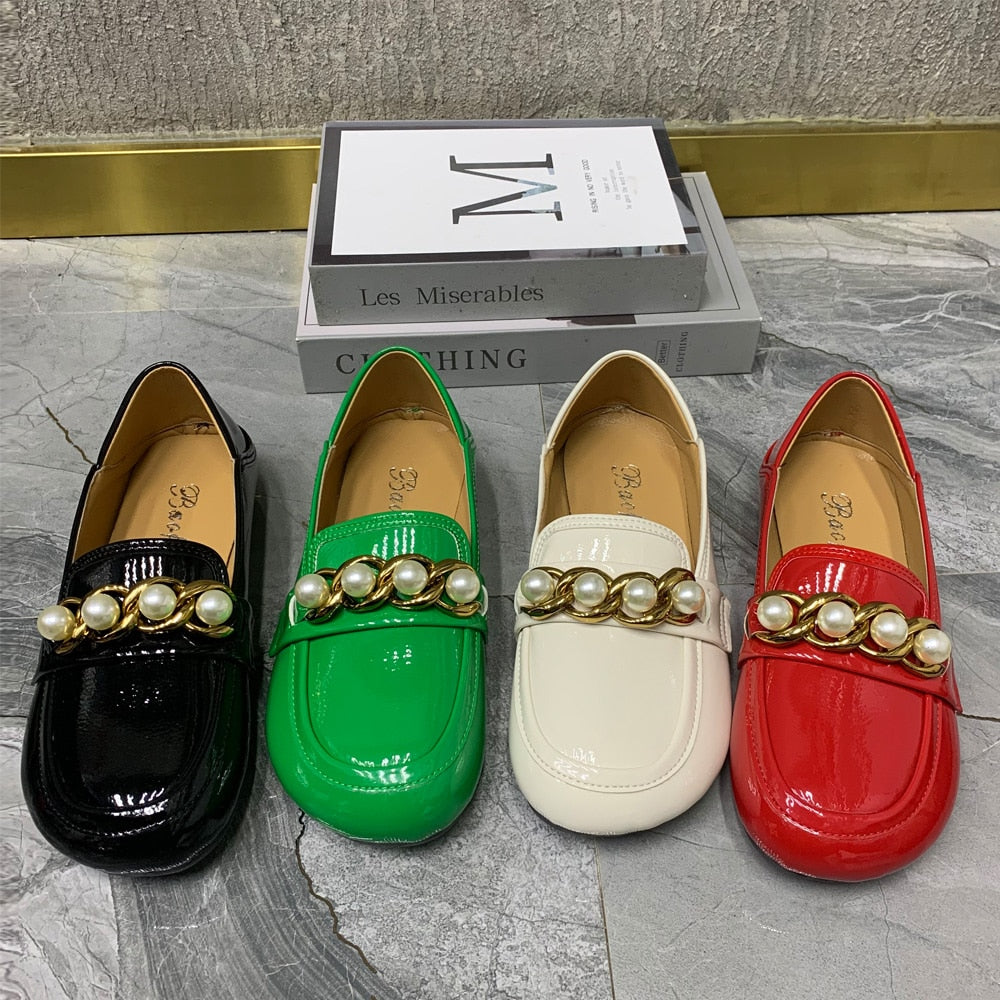 Soft Patent Loafers With Pearl Chain